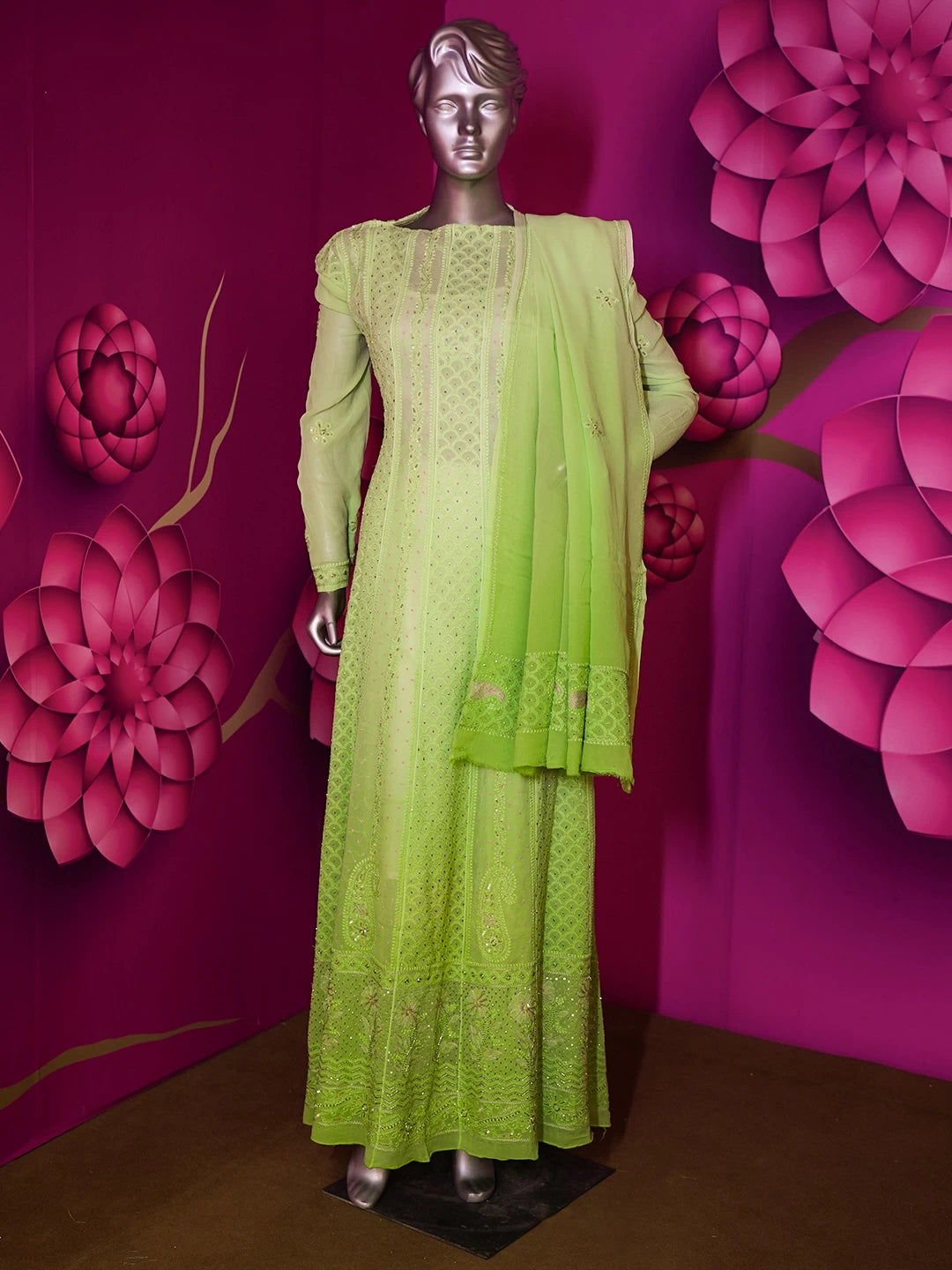 Ada Hand Embroidered Ombre shade Of Green Viscose Georgette Lucknowi Chikankari Semi-Stitched Anarkali Kurta Dupatta Set With Cutdana Work 01A302552