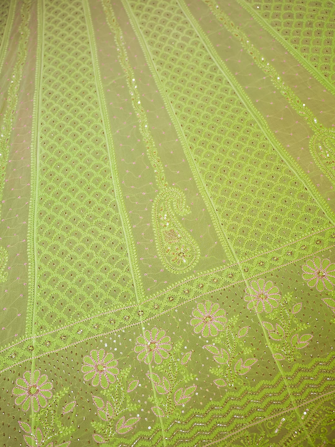 Ada Hand Embroidered Ombre shade Of Green Viscose Georgette Lucknowi Chikankari Semi-Stitched Anarkali Kurta Dupatta Set With Cutdana Work 01A302552