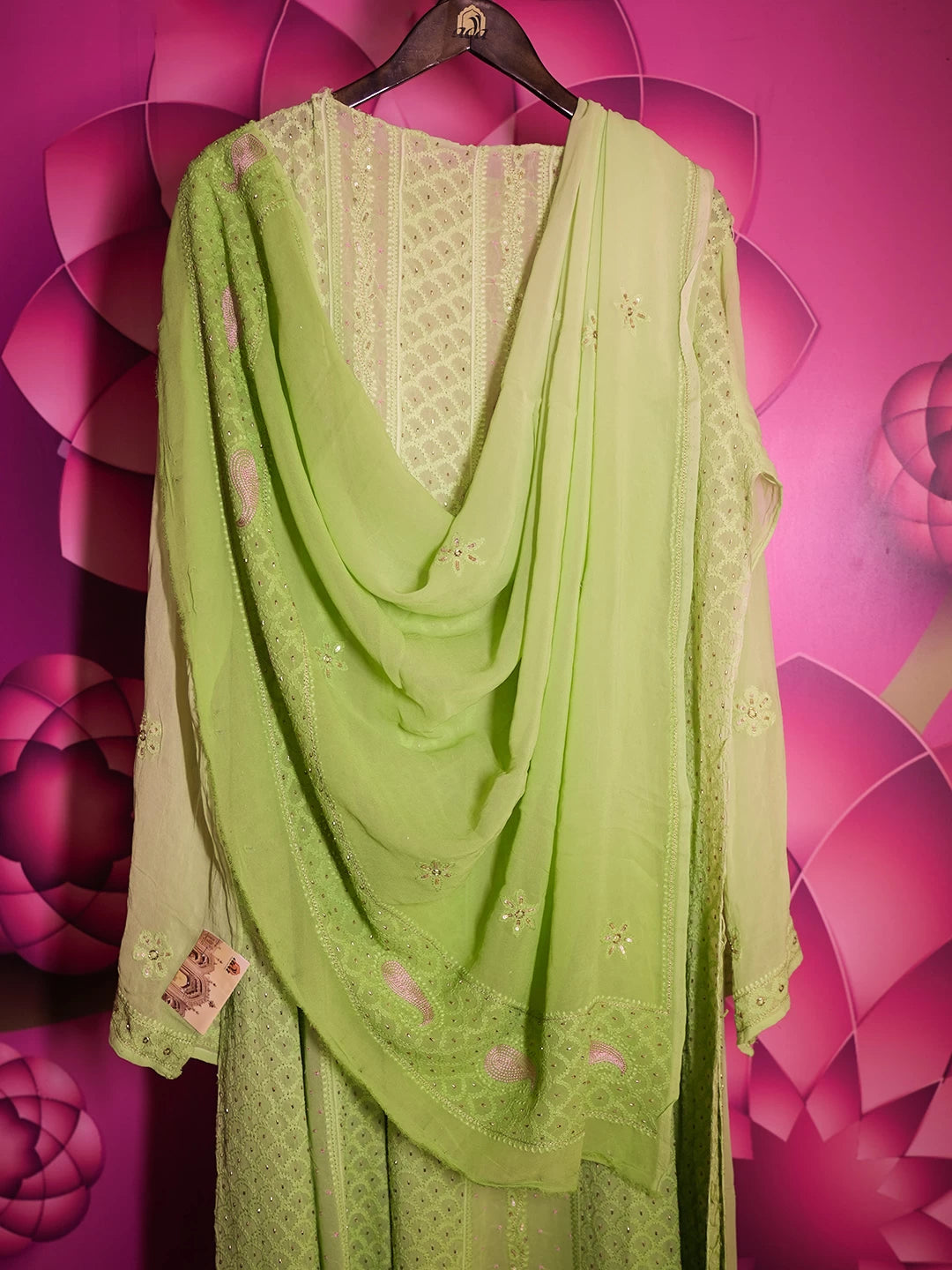 Ada Hand Embroidered Ombre shade Of Green Viscose Georgette Lucknowi Chikankari Semi-Stitched Anarkali Kurta Dupatta Set With Cutdana Work 01A302552