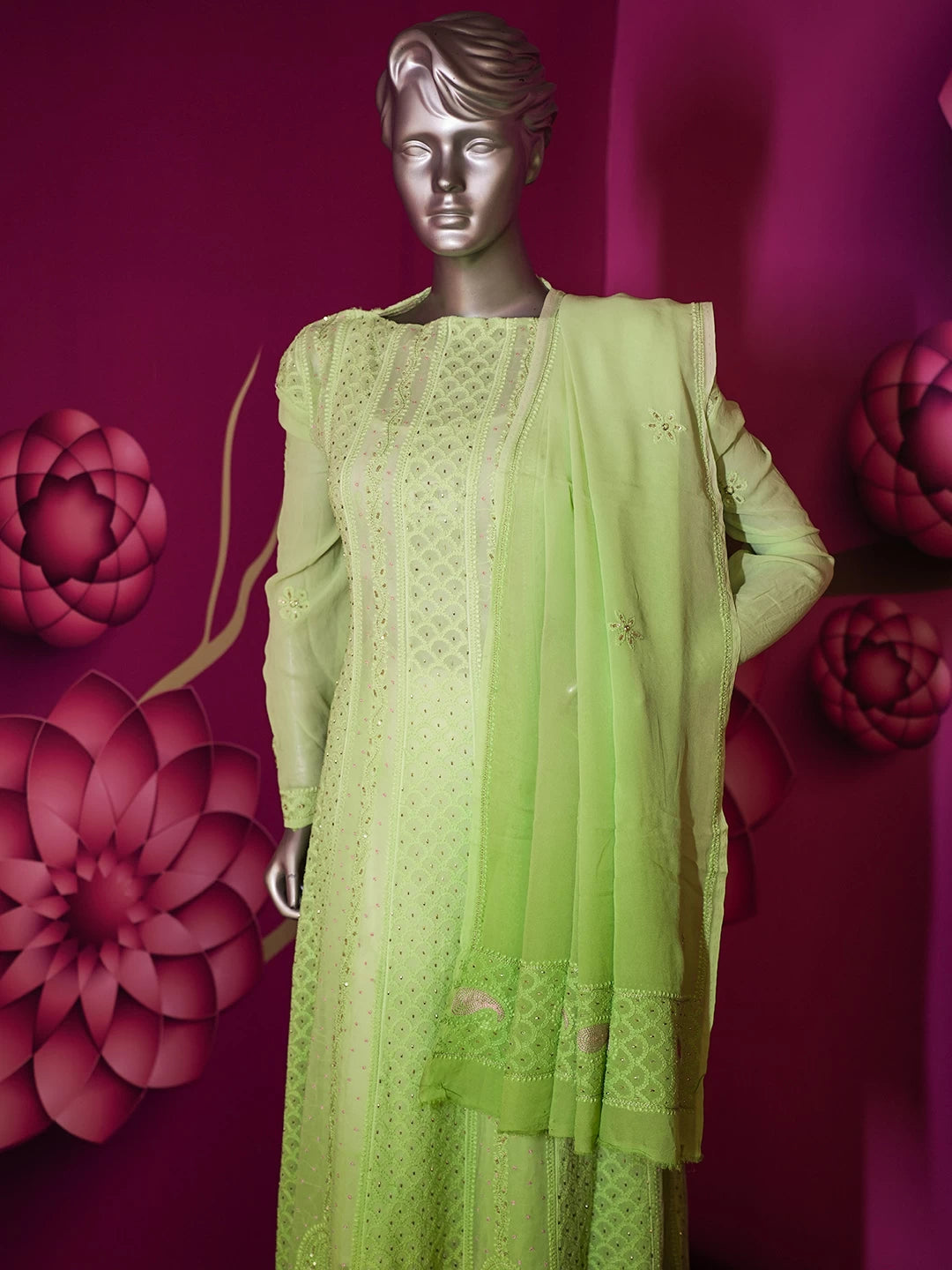 Ada Hand Embroidered Ombre shade Of Green Viscose Georgette Lucknowi Chikankari Semi-Stitched Anarkali Kurta Dupatta Set With Cutdana Work 01A302552
