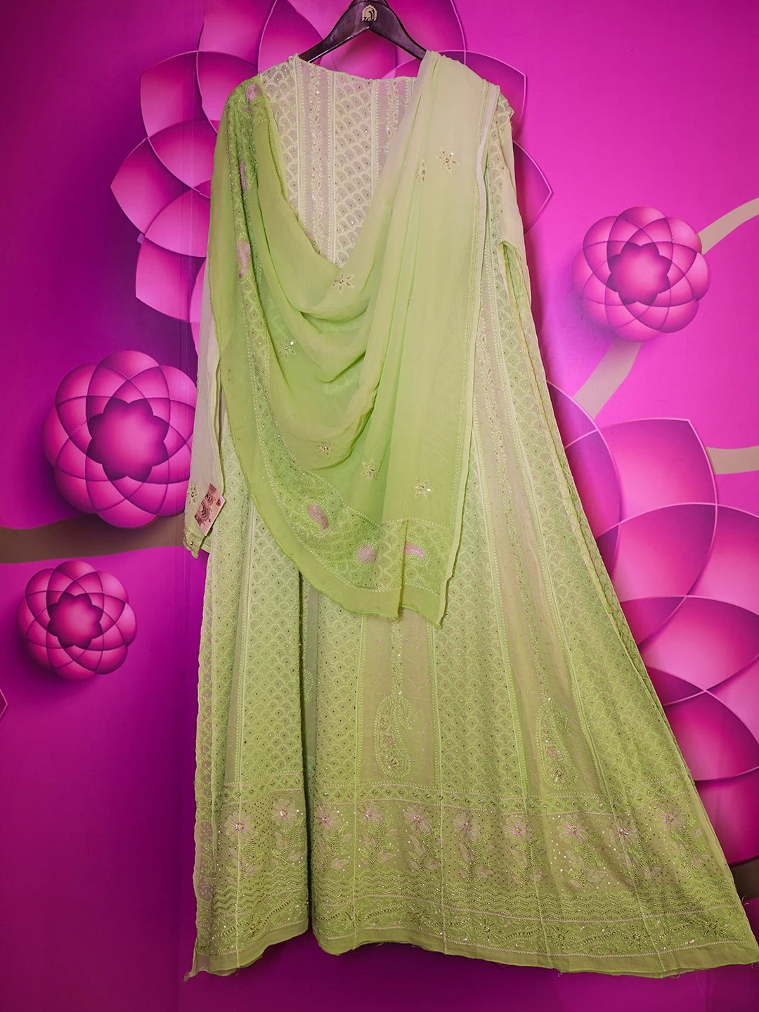 Ada Hand Embroidered Ombre shade Of Green Viscose Georgette Lucknowi Chikankari Semi-Stitched Anarkali Kurta Dupatta Set With Cutdana Work 01A302552