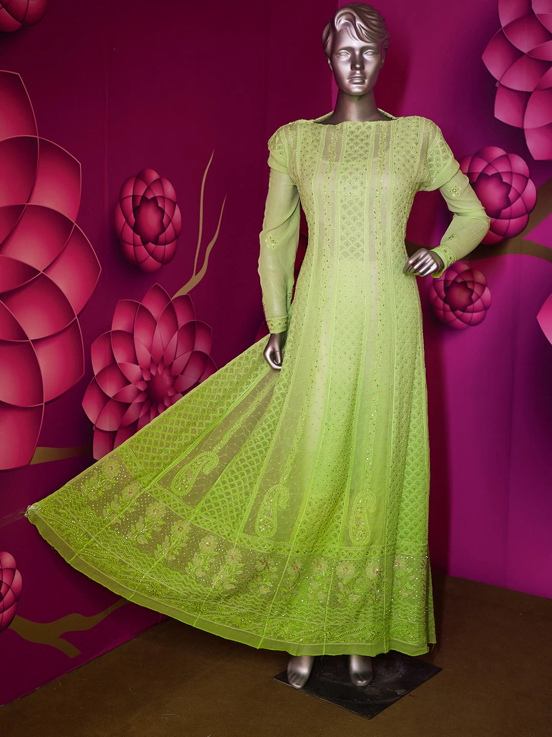 Ada Hand Embroidered Ombre shade Of Green Viscose Georgette Lucknowi Chikankari Semi-Stitched Anarkali Kurta Dupatta Set With Cutdana Work 01A302552