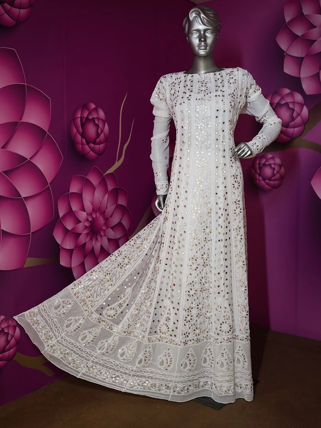 Ada Hand Embroidered Off White Viscose Georgette Lucknowi Chikankari Semi-Stitched Anarkali Kurta Dupatta Set With Gotapatti Work 01A378720
