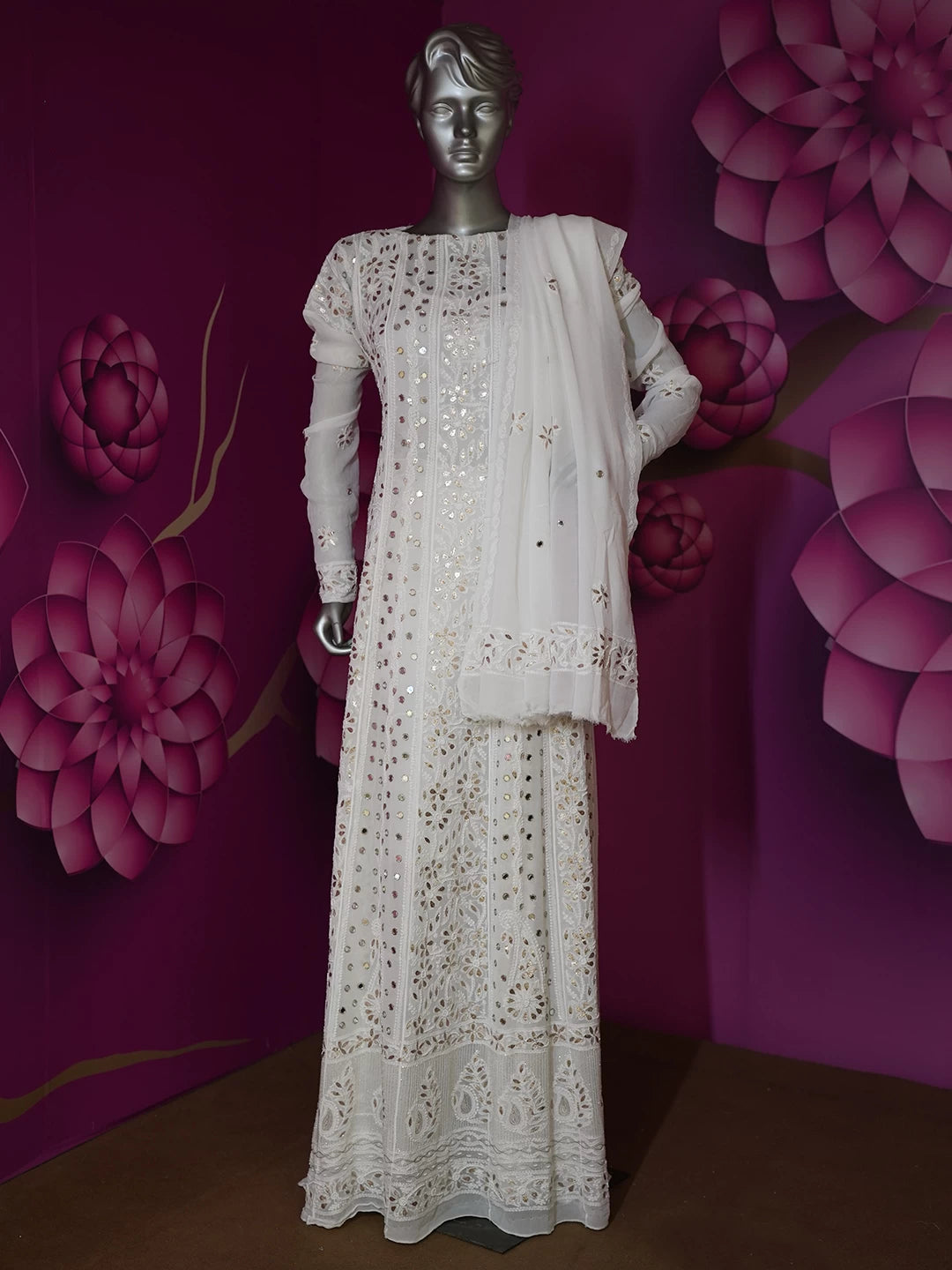 Ada Hand Embroidered Off White Viscose Georgette Lucknowi Chikankari Semi-Stitched Anarkali Kurta Dupatta Set With Gotapatti Work 01A378720