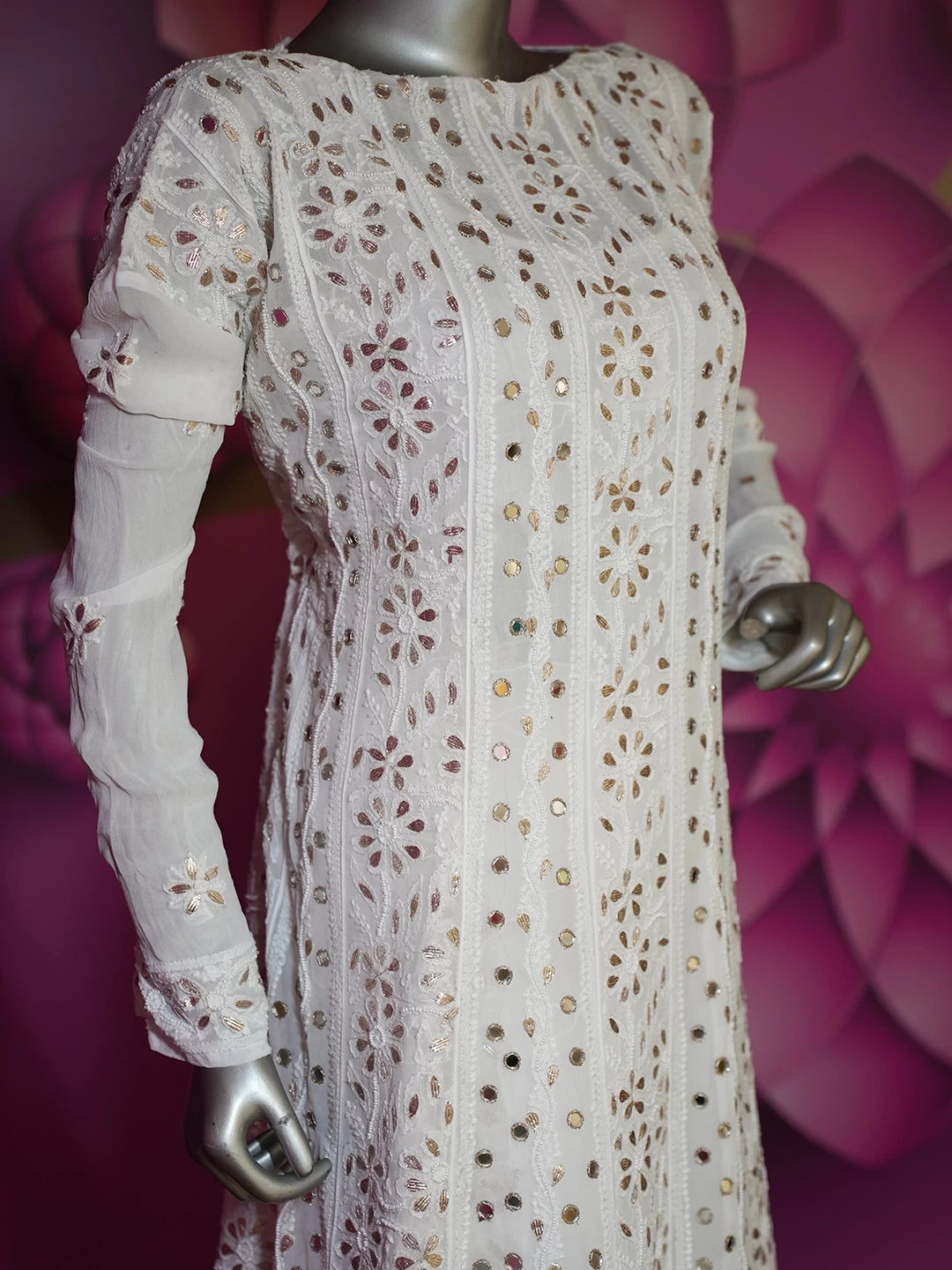 Ada Hand Embroidered Off White Viscose Georgette Lucknowi Chikankari Semi-Stitched Anarkali Kurta Dupatta Set With Gotapatti Work 01A378720