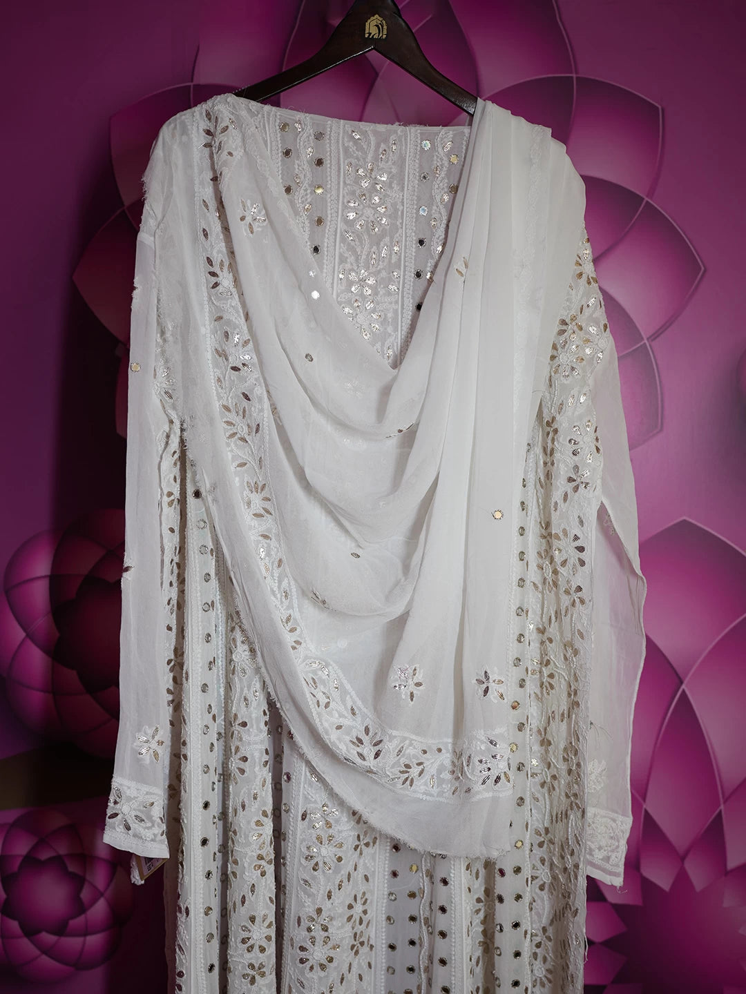 Ada Hand Embroidered Off White Viscose Georgette Lucknowi Chikankari Semi-Stitched Anarkali Kurta Dupatta Set With Gotapatti Work 01A378720