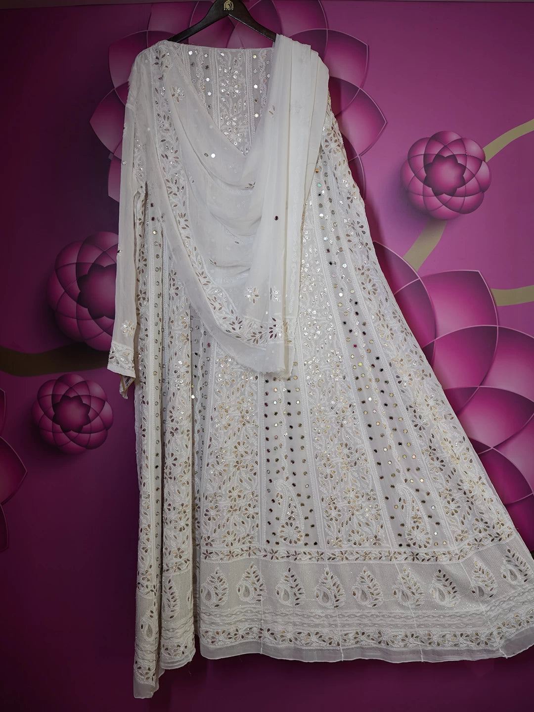 Ada Hand Embroidered Off White Viscose Georgette Lucknowi Chikankari Semi-Stitched Anarkali Kurta Dupatta Set With Gotapatti Work 01A378720