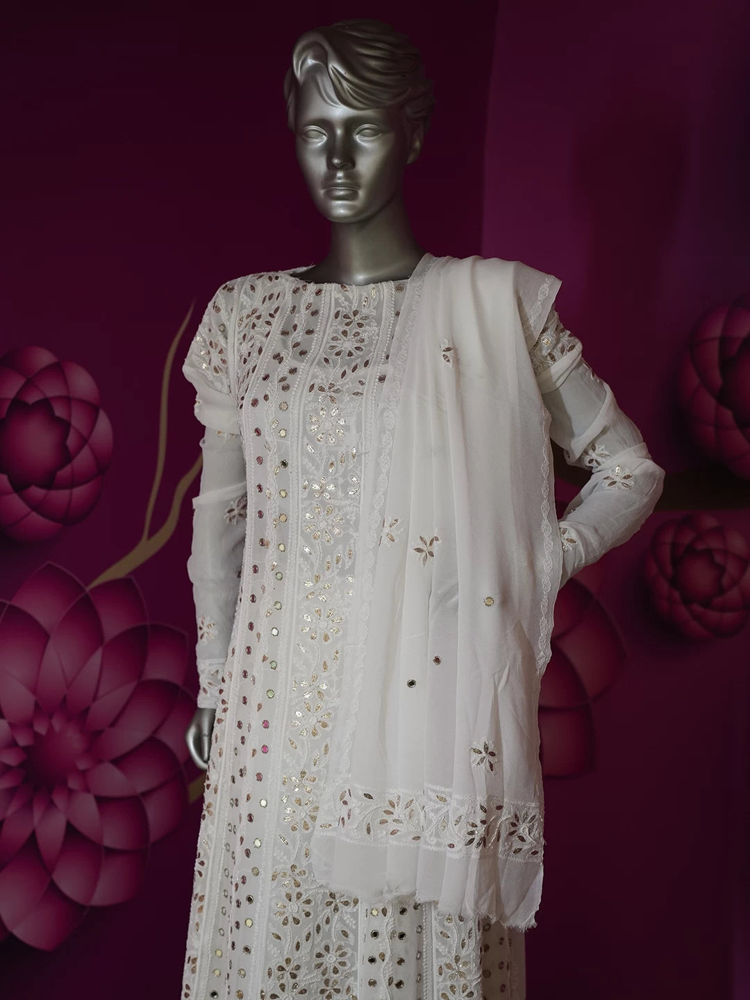 Ada Hand Embroidered Off White Viscose Georgette Lucknowi Chikankari Semi-Stitched Anarkali Kurta Dupatta Set With Gotapatti Work 01A378720