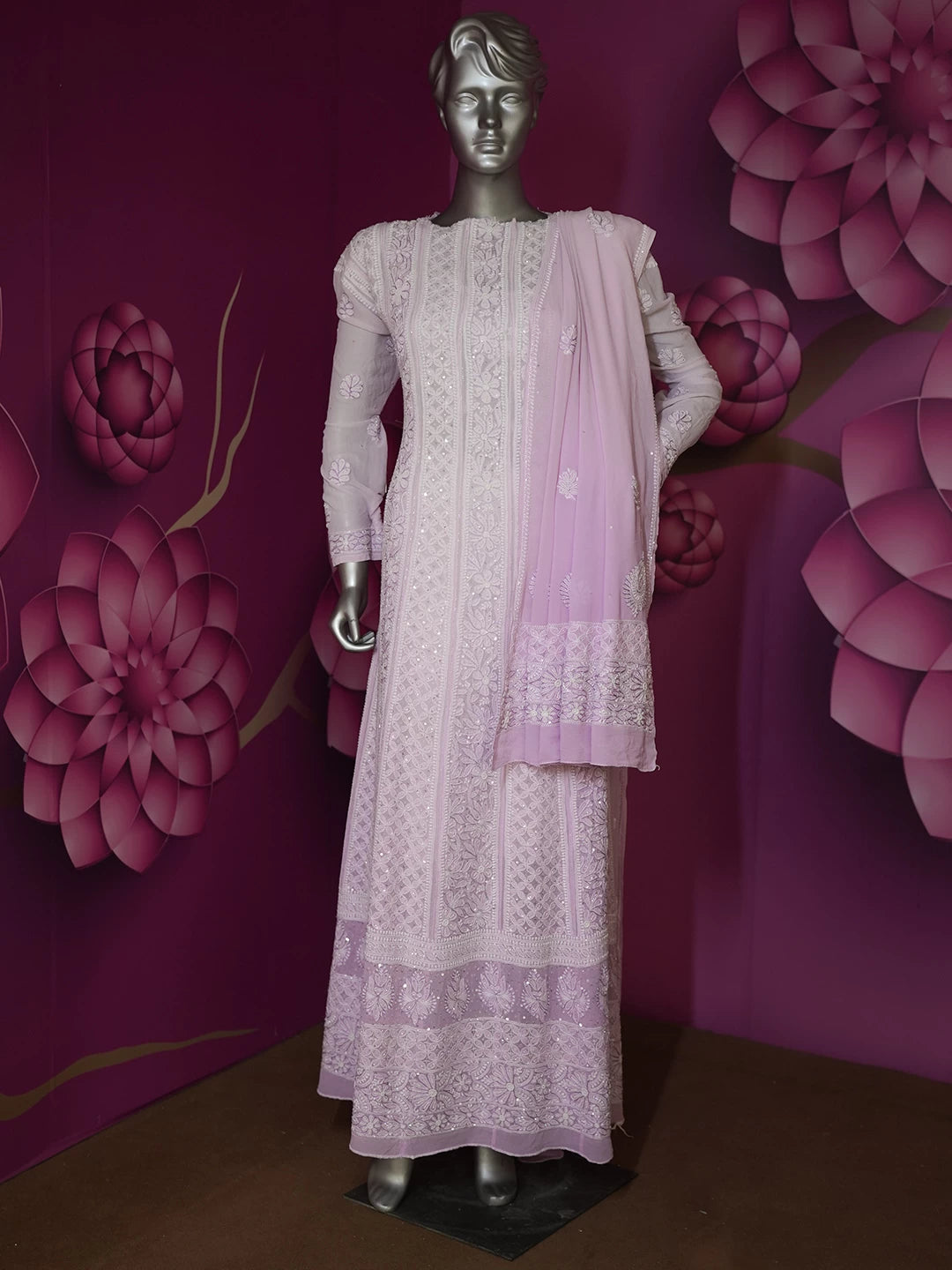 Ada Hand Embroidered Dual Shade Of Lilac Pure Georgette Lucknowi Chikankari Semi-Stitched Anarkali Kurta Dupatta Set With Cutdana Work 01A412470