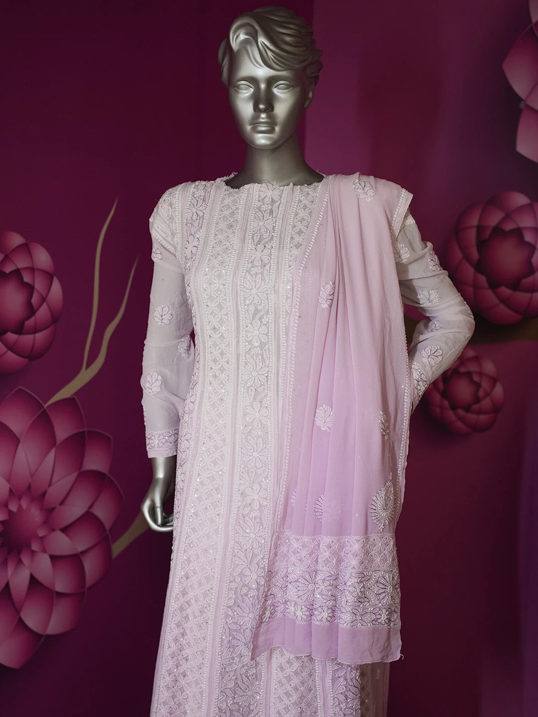 Ada Hand Embroidered Dual Shade Of Lilac Pure Georgette Lucknowi Chikankari Semi-Stitched Anarkali Kurta Dupatta Set With Cutdana Work 01A412470