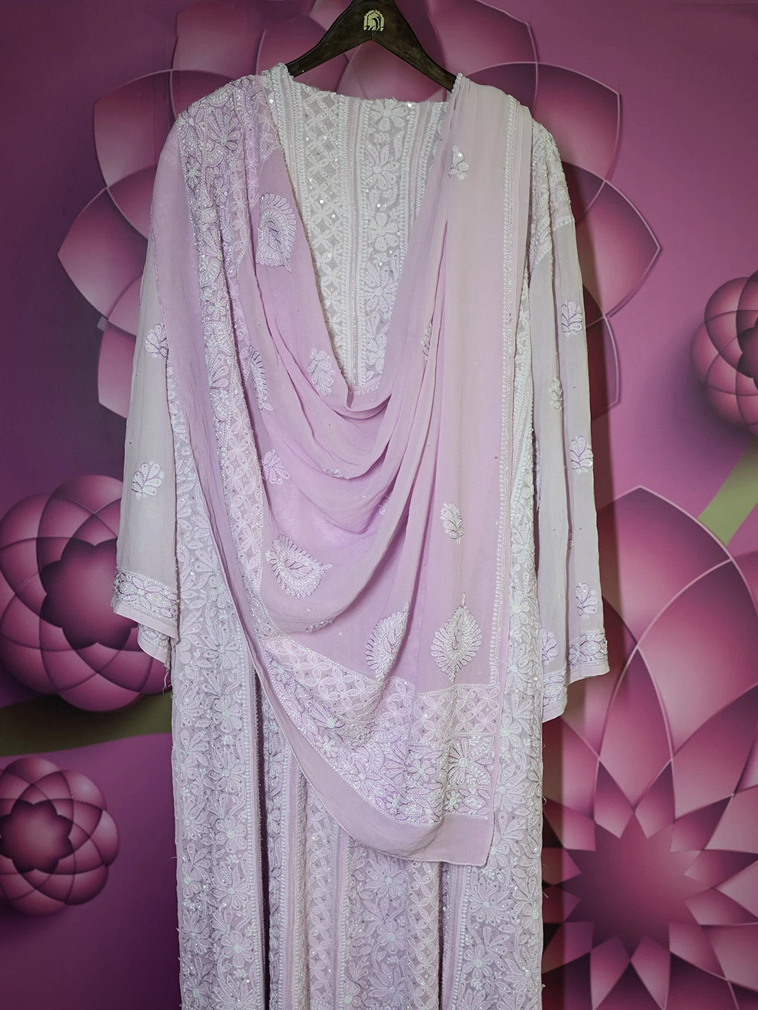 Ada Hand Embroidered Dual Shade Of Lilac Pure Georgette Lucknowi Chikankari Semi-Stitched Anarkali Kurta Dupatta Set With Cutdana Work 01A412470