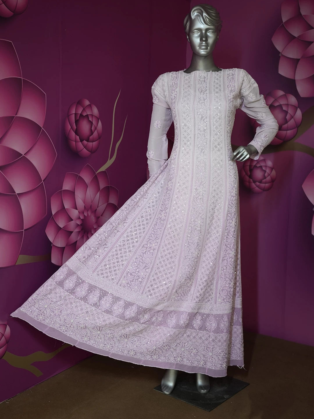 Ada Hand Embroidered Dual Shade Of Lilac Pure Georgette Lucknowi Chikankari Semi-Stitched Anarkali Kurta Dupatta Set With Cutdana Work 01A412470