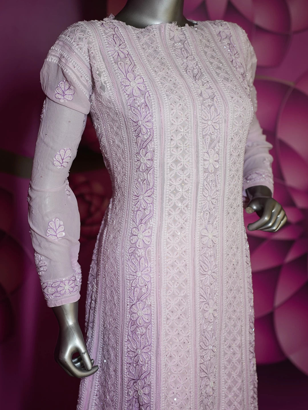 Ada Hand Embroidered Dual Shade Of Lilac Pure Georgette Lucknowi Chikankari Semi-Stitched Anarkali Kurta Dupatta Set With Cutdana Work 01A412470
