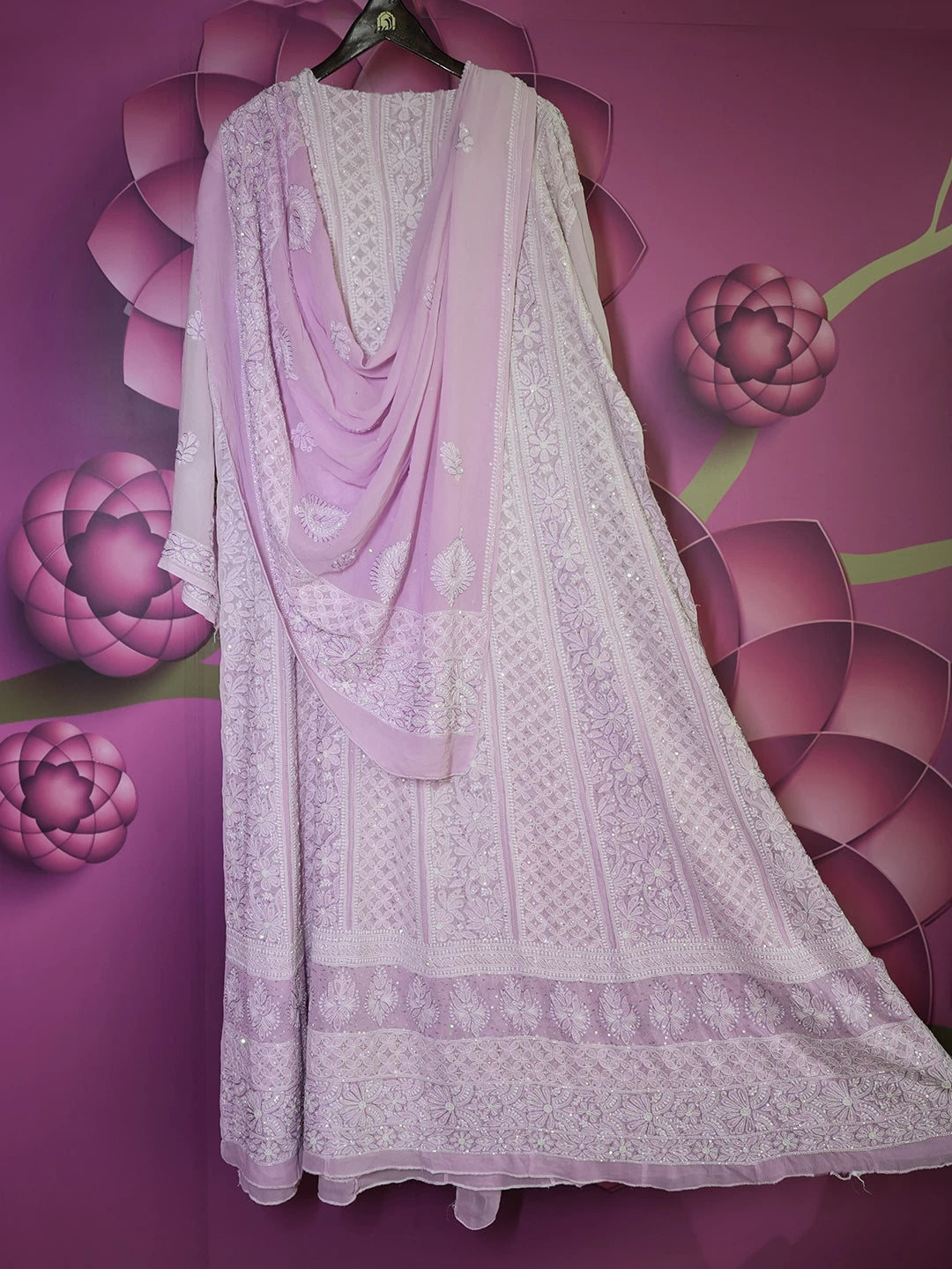 Ada Hand Embroidered Dual Shade Of Lilac Pure Georgette Lucknowi Chikankari Semi-Stitched Anarkali Kurta Dupatta Set With Cutdana Work 01A412470