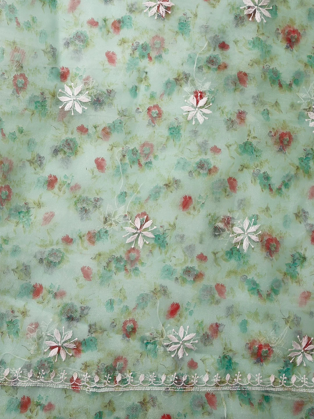 Ada Hand Embroidered Green Floral Print Organza Lucknowi Chikankari Unstitched Kurta Dupatta Set 01A382533