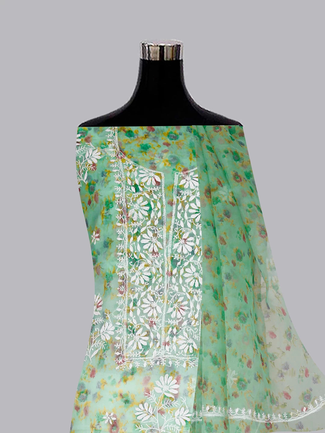Ada Hand Embroidered Green Floral Print Organza Lucknowi Chikankari Unstitched Kurta Dupatta Set 01A382533