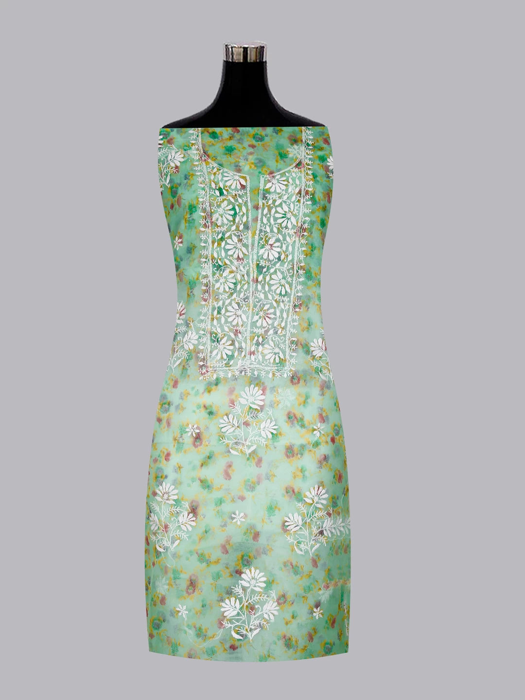 Ada Hand Embroidered Green Floral Print Organza Lucknowi Chikankari Unstitched Kurta Dupatta Set 01A382533