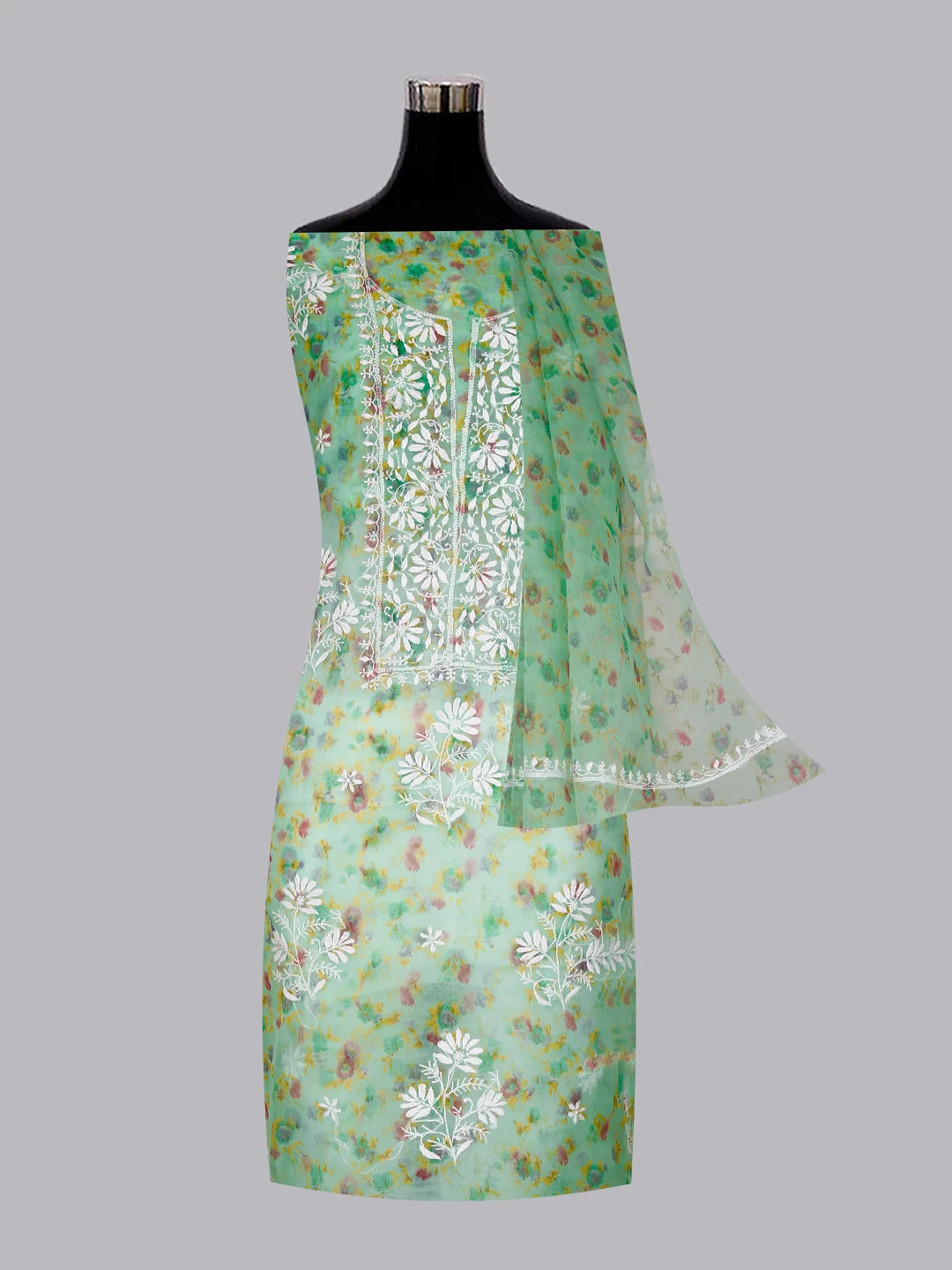 Ada Hand Embroidered Green Floral Print Organza Lucknowi Chikankari Unstitched Kurta Dupatta Set 01A382533