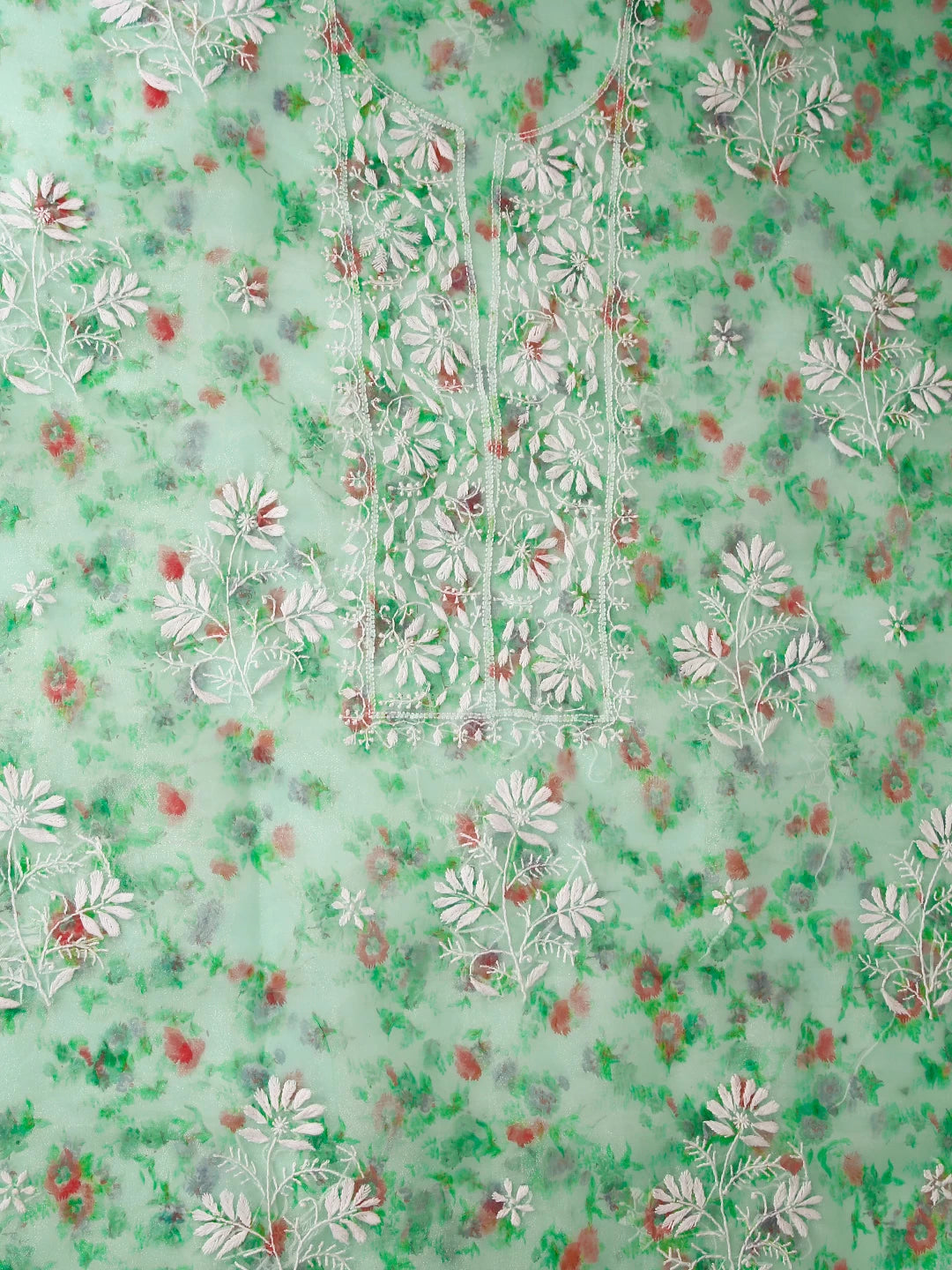 Ada Hand Embroidered Green Floral Print Organza Lucknowi Chikankari Unstitched Kurta Dupatta Set 01A382533