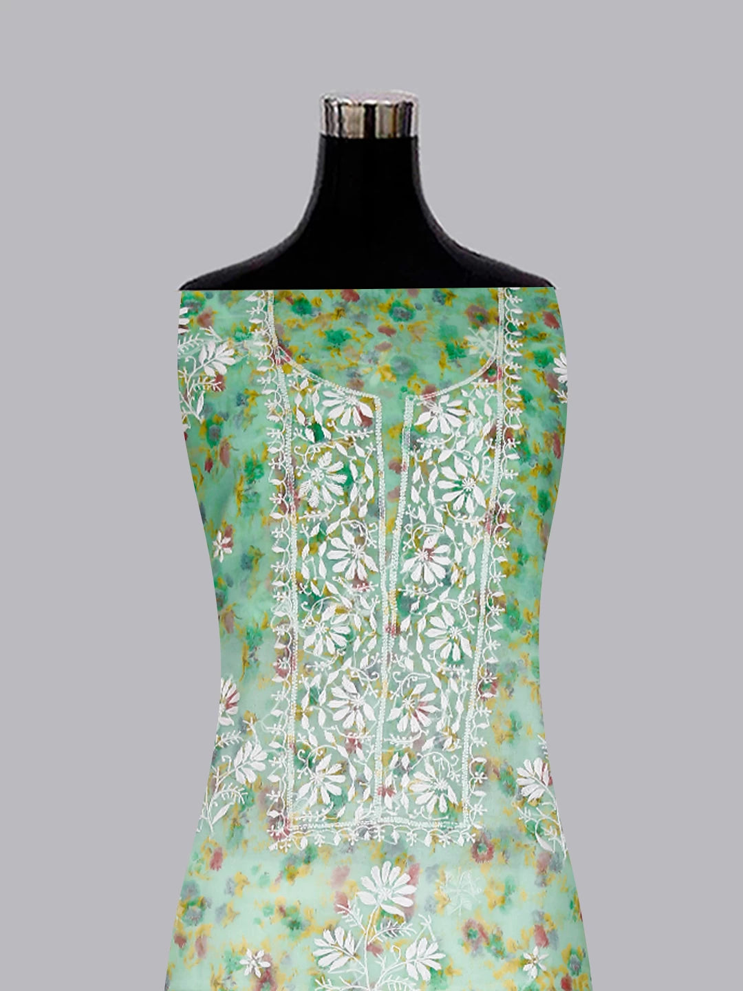 Ada Hand Embroidered Green Floral Print Organza Lucknowi Chikankari Unstitched Kurta Dupatta Set 01A382533