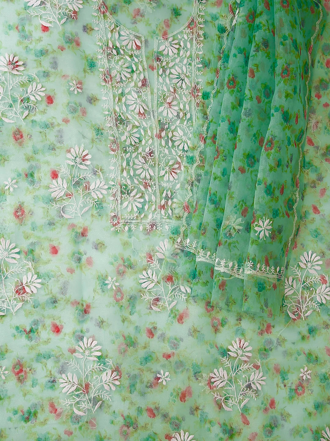 Ada Hand Embroidered Green Floral Print Organza Lucknowi Chikankari Unstitched Kurta Dupatta Set 01A382533