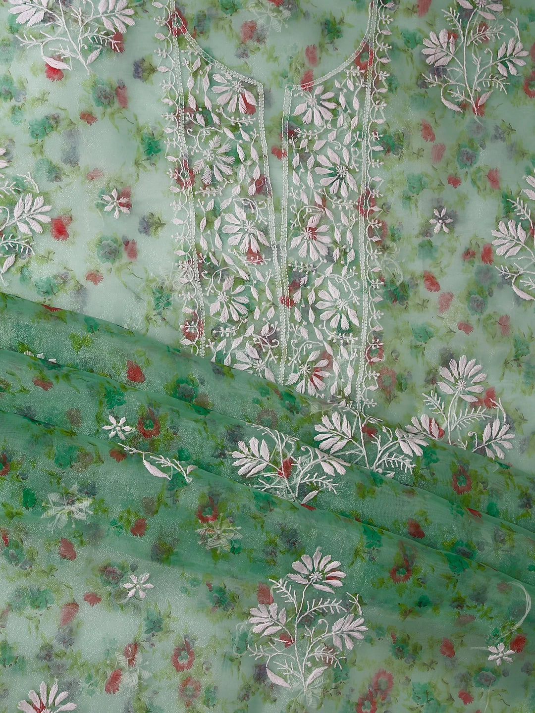 Ada Hand Embroidered Green Floral Print Organza Lucknowi Chikankari Unstitched Kurta Dupatta Set 01A382533