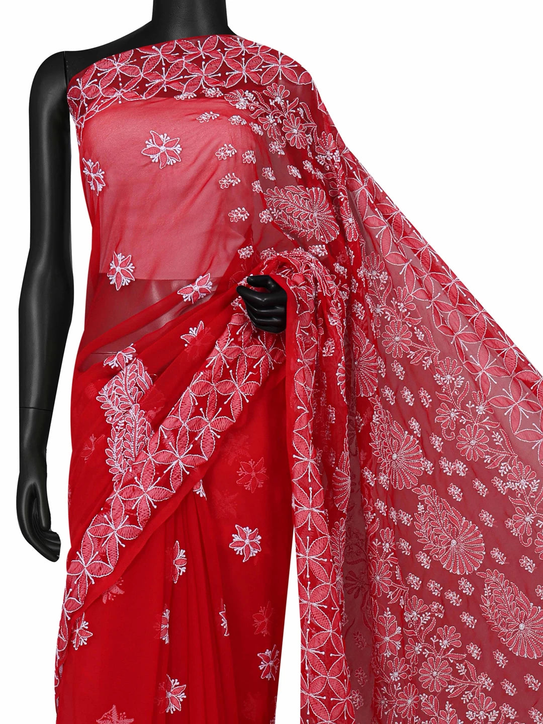 Ada Hand Embroidered Red Georgette Lucknowi Chikankari Saree With Blouse 01A137245