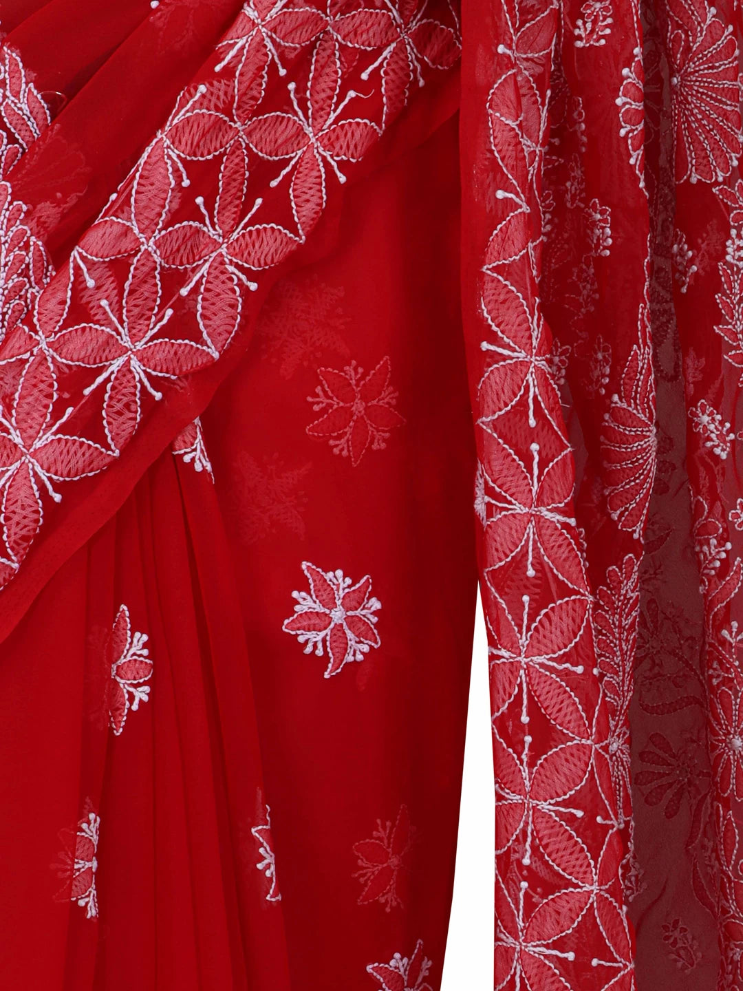 Ada Hand Embroidered Red Georgette Lucknowi Chikankari Saree With Blouse 01A137245