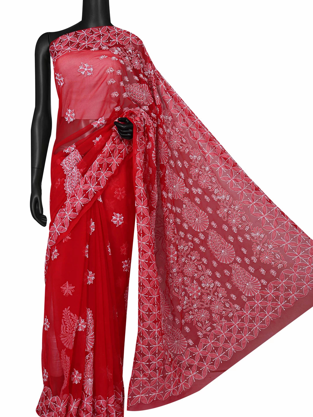 Ada Hand Embroidered Red Georgette Lucknowi Chikankari Saree With Blouse 01A137245