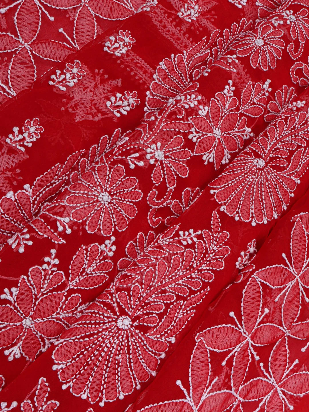 Ada Hand Embroidered Red Georgette Lucknowi Chikankari Saree With Blouse 01A137245