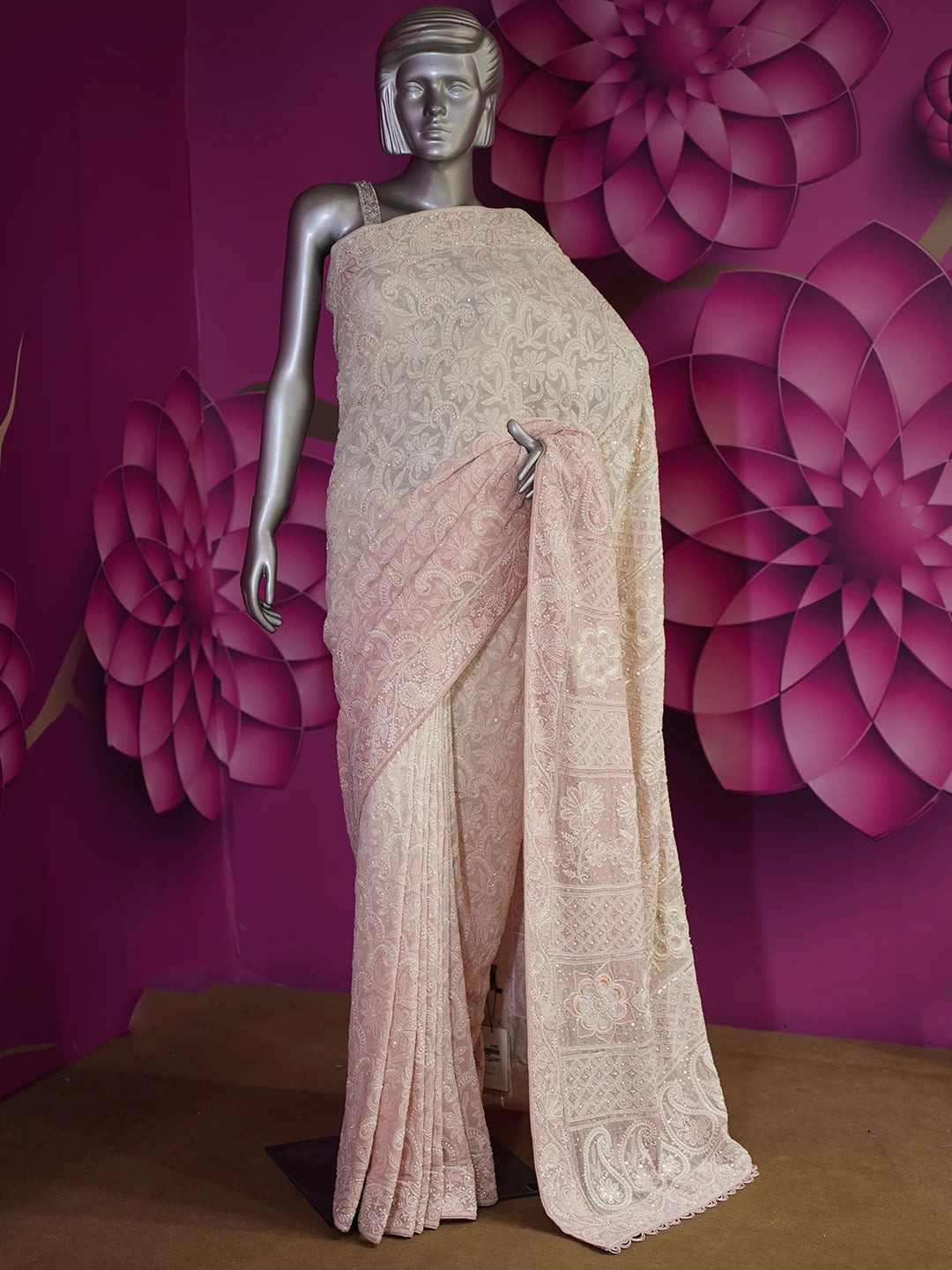 Ada Hand Embroidered Peach Ombre Shade Georgette Lucknowi Chikankari Saree/Blouse With Pearl Work 01A388220