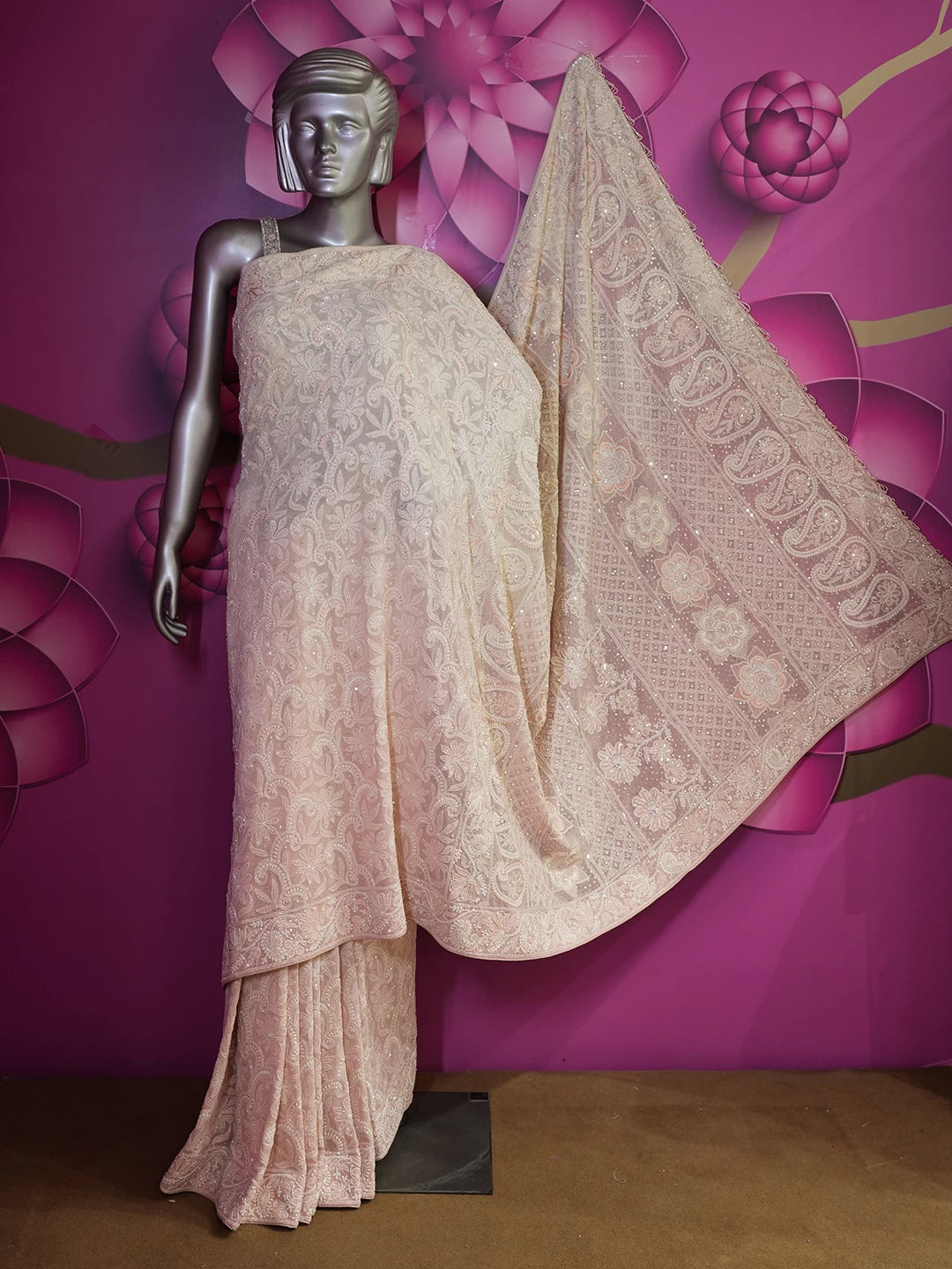 Ada Hand Embroidered Peach Ombre Shade Georgette Lucknowi Chikankari Saree/Blouse With Pearl Work 01A388220