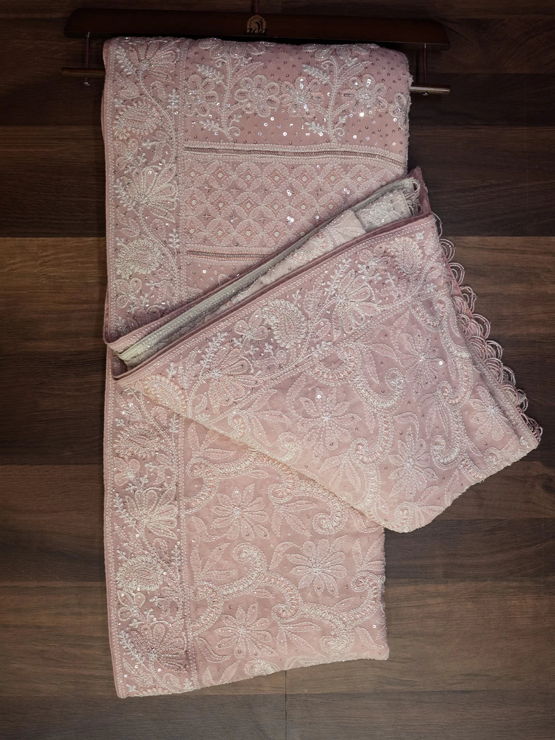 Ada Hand Embroidered Peach Ombre Shade Georgette Lucknowi Chikankari Saree/Blouse With Pearl Work 01A388220