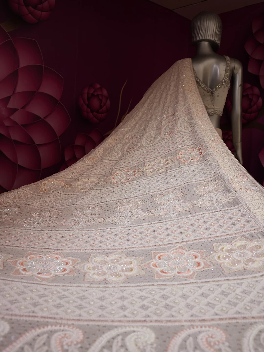 Ada Hand Embroidered Peach Ombre Shade Georgette Lucknowi Chikankari Saree/Blouse With Pearl Work 01A388220