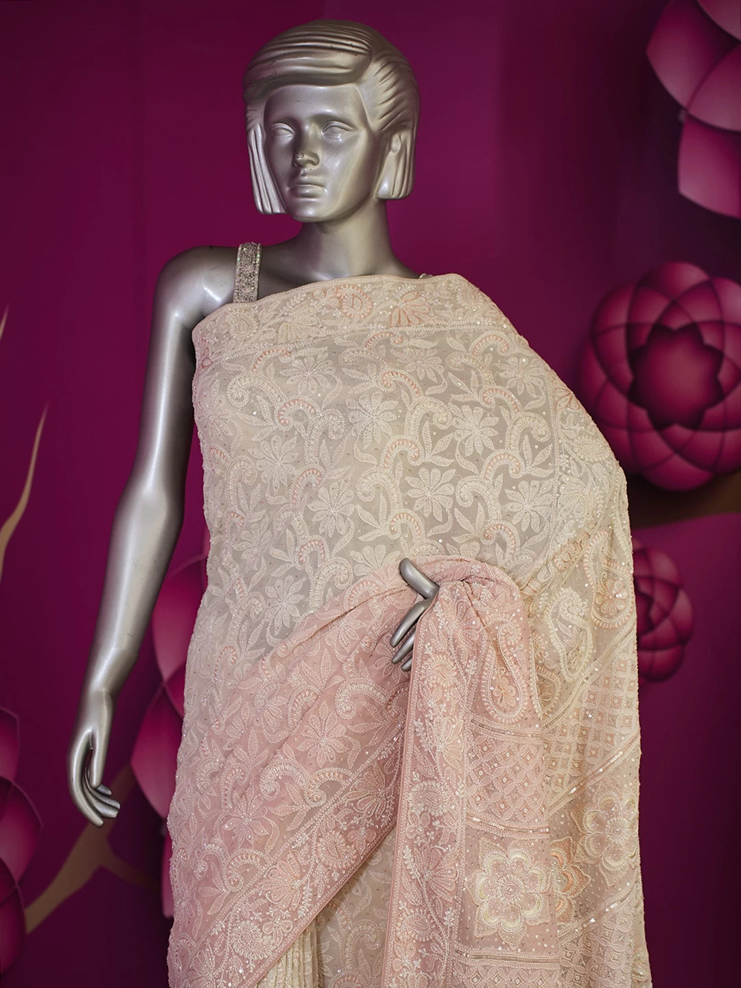 Ada Hand Embroidered Peach Ombre Shade Georgette Lucknowi Chikankari Saree/Blouse With Pearl Work 01A388220