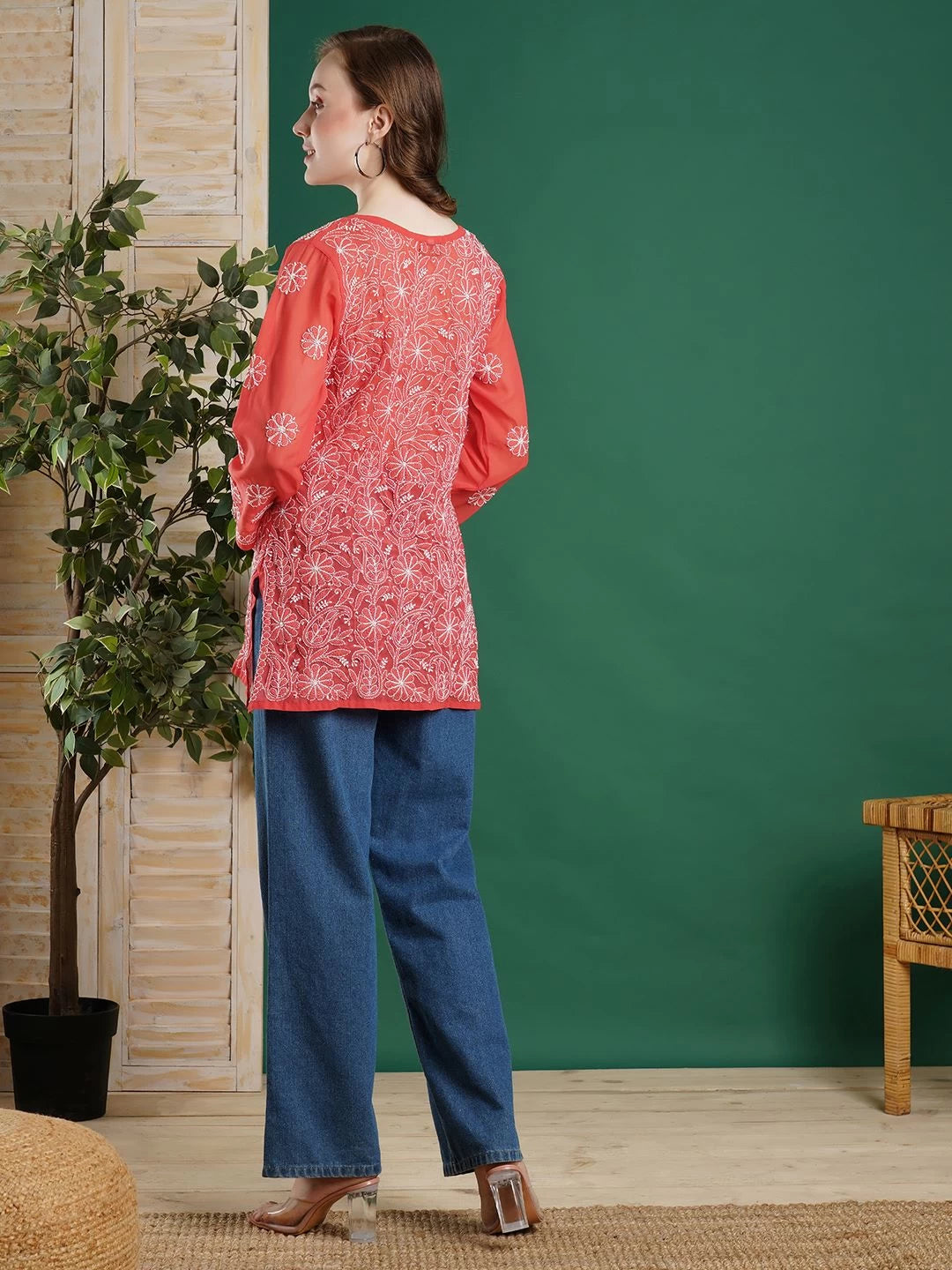 Ada Hand Embroidered Coral Red Georgette Lucknowi Chikankari Straight Kurti A911232