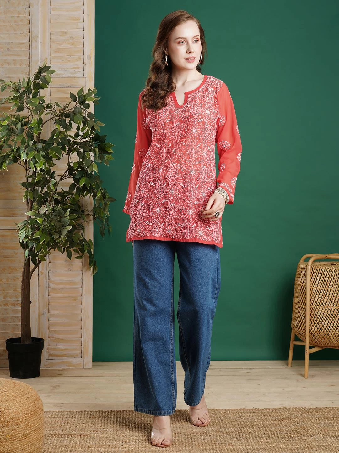 Ada Hand Embroidered Coral Red Georgette Lucknowi Chikankari Straight Kurti A911232