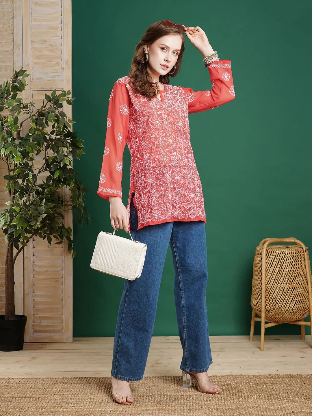 Ada Hand Embroidered Coral Red Georgette Lucknowi Chikankari Straight Kurti A911232