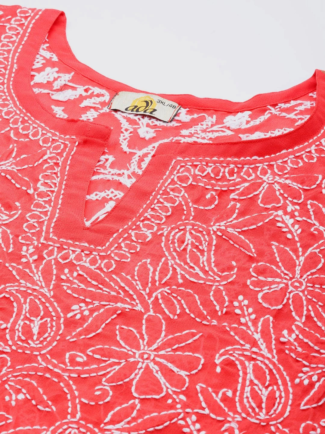 Ada Hand Embroidered Coral Red Georgette Lucknowi Chikankari Straight Kurti A911232