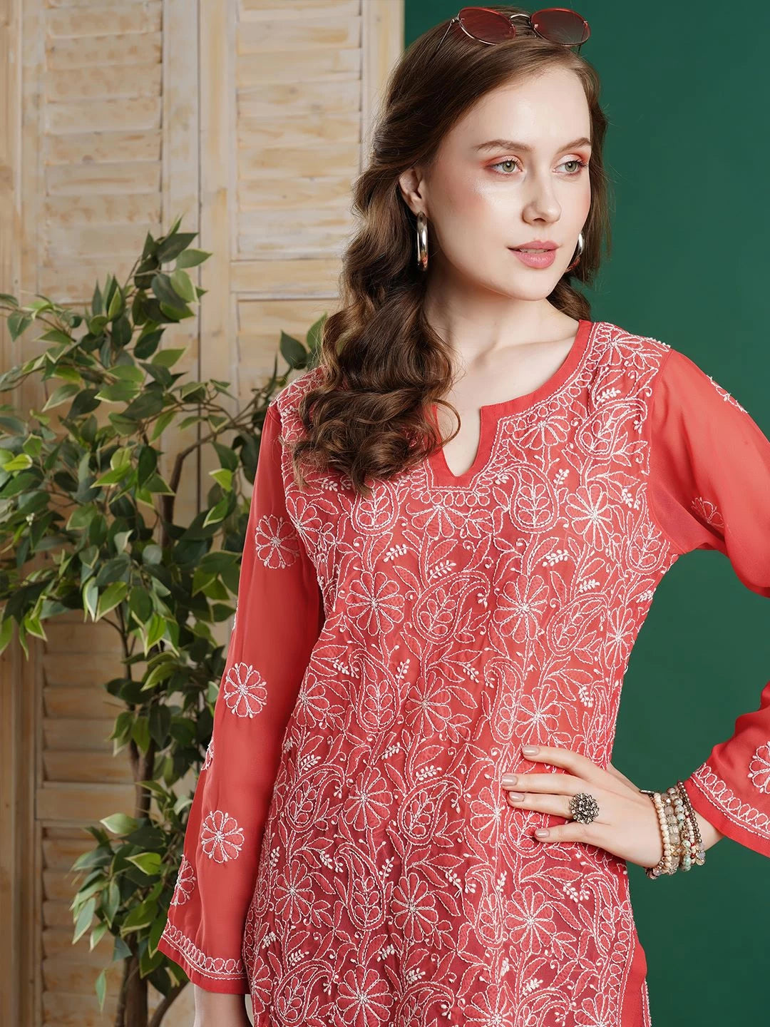 Ada Hand Embroidered Coral Red Georgette Lucknowi Chikankari Straight Kurti A911232