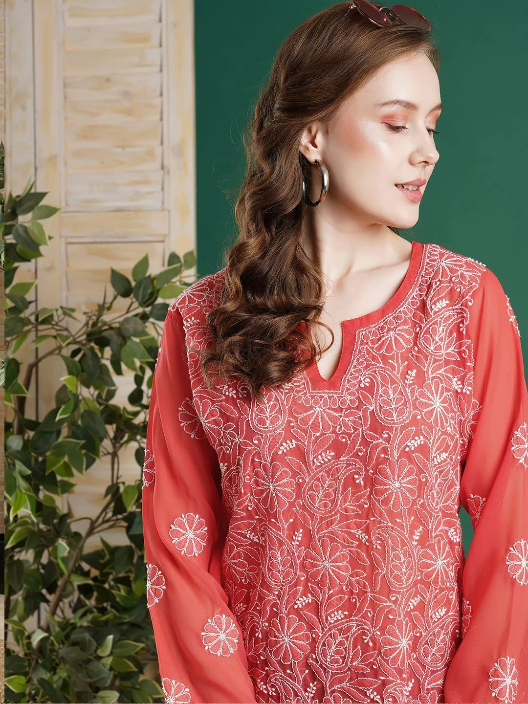Ada Hand Embroidered Coral Red Georgette Lucknowi Chikankari Straight Kurti A911232