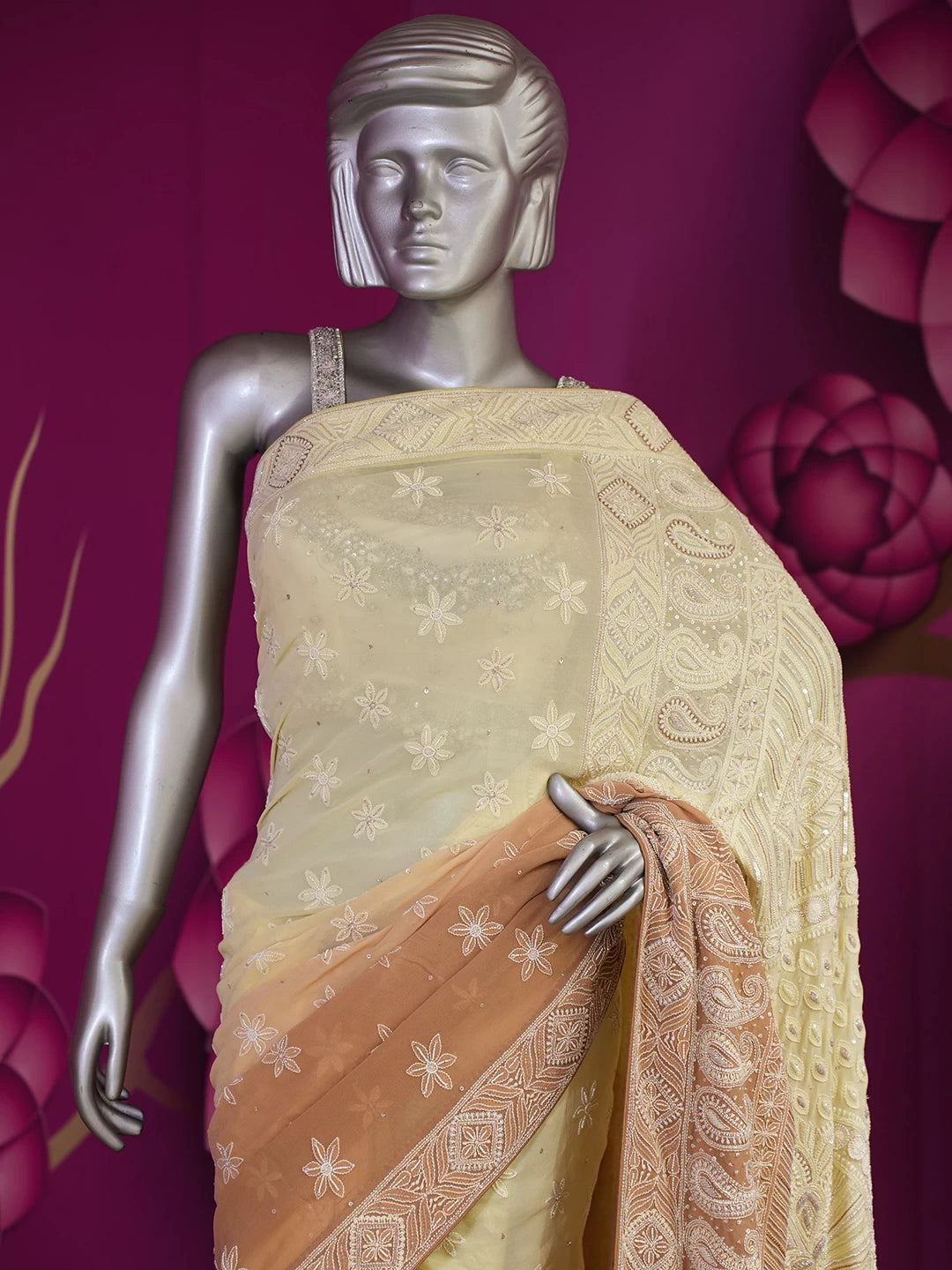 Ada Hand Embroidered Lemon Ombre Shade Pure Georgette Lucknowi Chikankari Saree/Blouse With Pearl Work 01A405581