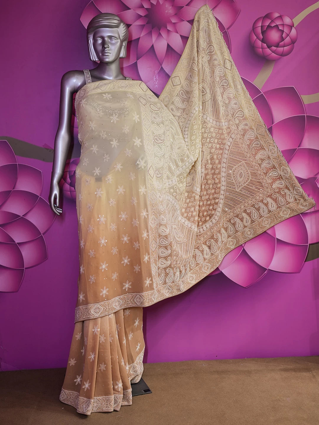 Ada Hand Embroidered Lemon Ombre Shade Pure Georgette Lucknowi Chikankari Saree/Blouse With Pearl Work 01A405581