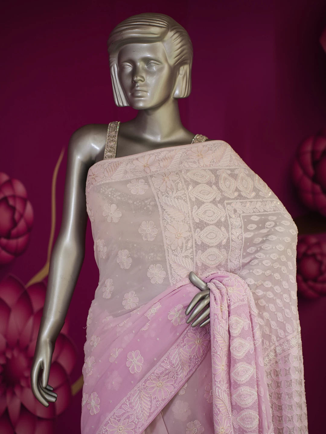 Ada Hand Embroidered Lilac Pure Georgette Lucknowi Chikankari Saree/Blouse With Pearl Work 01A411298