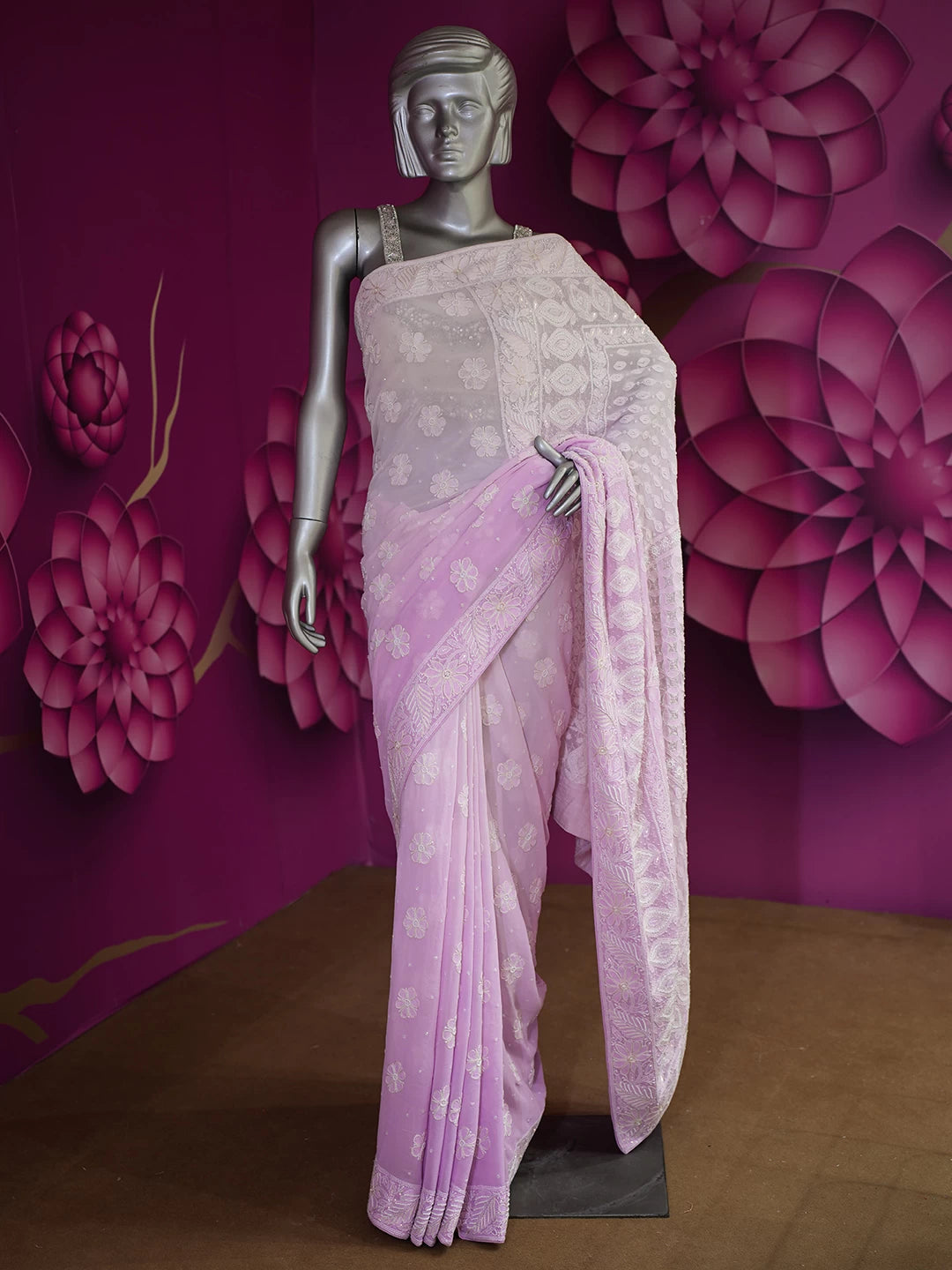 Ada Hand Embroidered Lilac Pure Georgette Lucknowi Chikankari Saree/Blouse With Pearl Work 01A411298