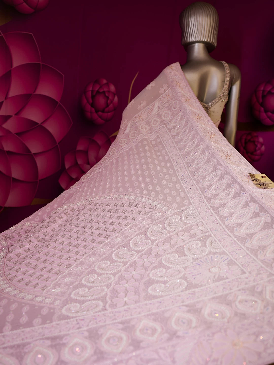 Ada Hand Embroidered Lilac Pure Georgette Lucknowi Chikankari Saree/Blouse With Pearl Work 01A411298
