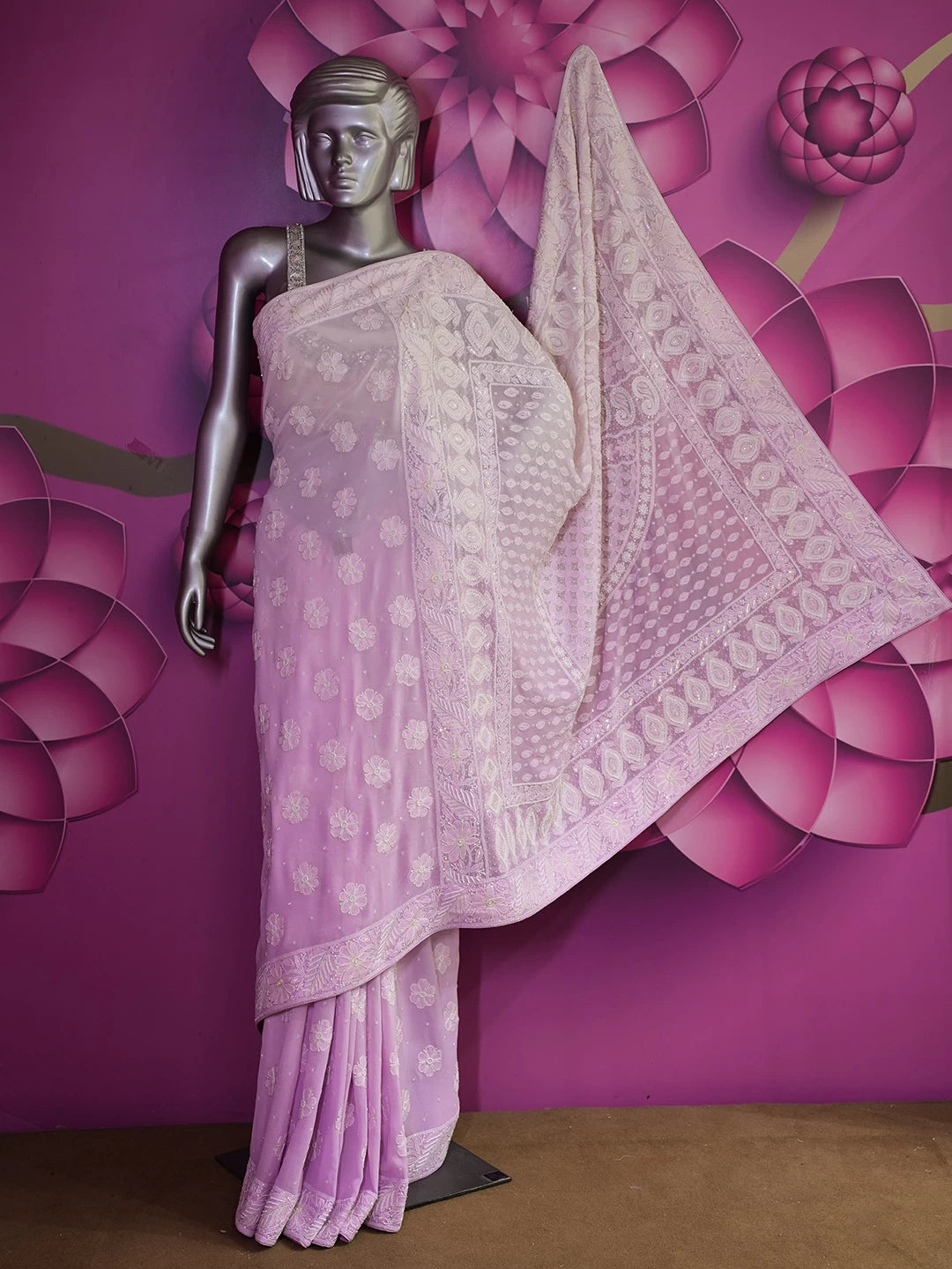 Ada Hand Embroidered Lilac Pure Georgette Lucknowi Chikankari Saree/Blouse With Pearl Work 01A411298
