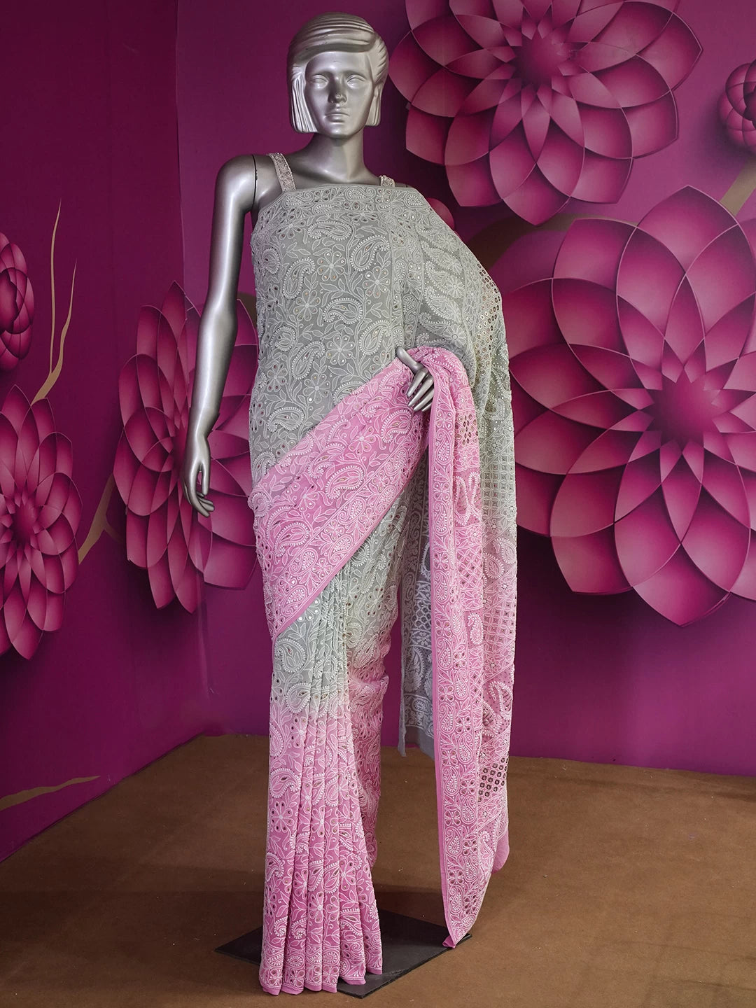 Ada Hand Embroidered Ombre Shade Of Pink And Grey Georgette Lucknowi Chikankari Saree/Blouse With Mukaish Work 01A149474