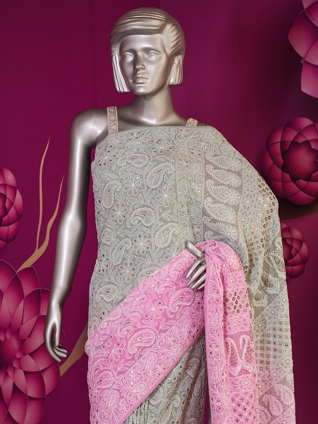 Ada Hand Embroidered Ombre Shade Of Pink And Grey Georgette Lucknowi Chikankari Saree/Blouse With Mukaish Work 01A149474