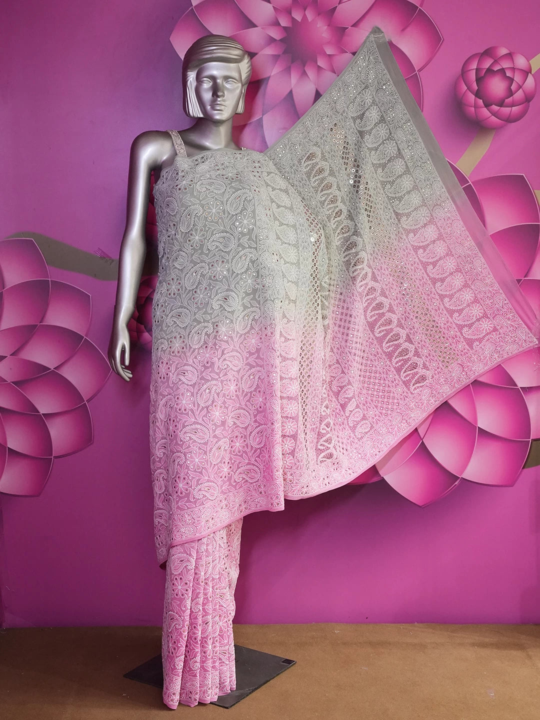 Ada Hand Embroidered Ombre Shade Of Pink And Grey Georgette Lucknowi Chikankari Saree/Blouse With Mukaish Work 01A149474